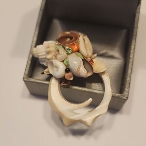 Vintage Handmade Seashell Brooch Clustter Green Rhinestone Faux Pearls Spiral